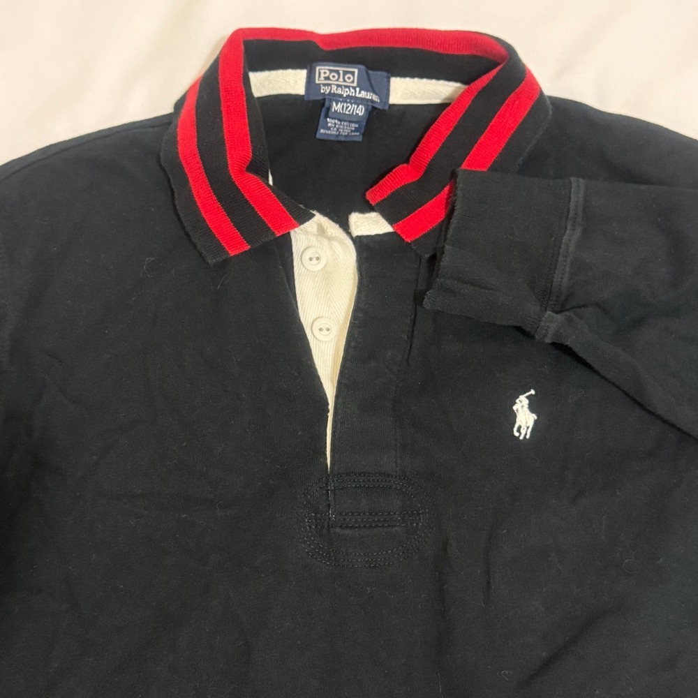 Polo Ralph Lauren Boys Blue Rugby Shirt Red Striped Collar 67 Patch Size M 12-14